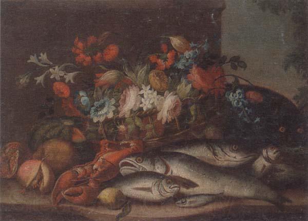 unknow artist Still life of a basket of flowers,fruit,lobster,fish and a cat,all upon a stone ledge France oil painting art